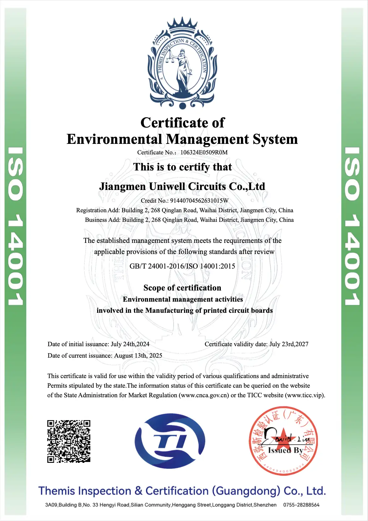 ISO 14001:2015 - Jiangmen Uniwell